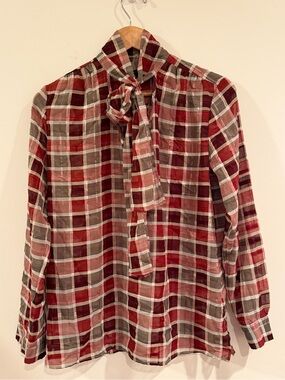 Ann Taylor Red & Brown Plaid Blouse Small NWOT